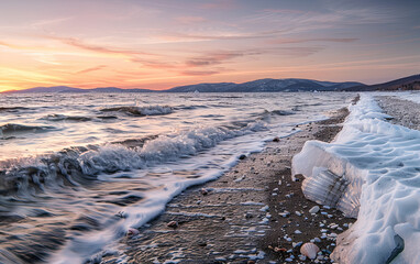 Winter beach at sunset, icy shoreline, snowy seashells, distant mountains, orange-pink sky.