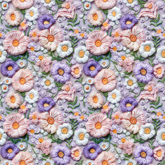 Floral embroidery from knitting wool, yarn, seamless pattern.