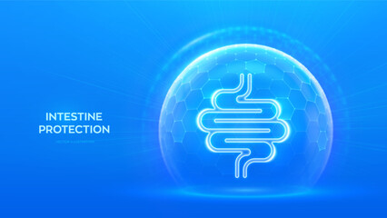 Intestine care and protection. Healthy Intestine medical concept. Human Intestine bowel anatomy organ icon inside protection dome sphere shield with hexagon pattern on blue background. Vector. © iuriimotov