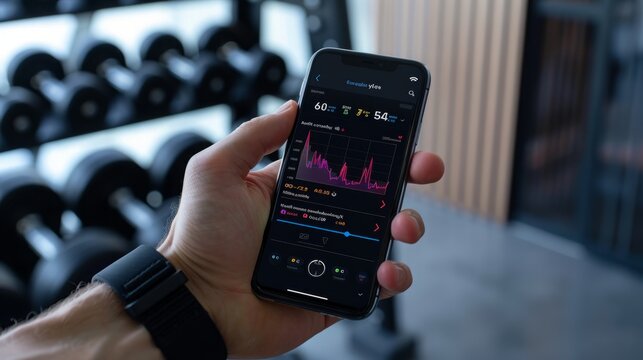 A person checks their fitness data on their phone after a workout session in a gym.