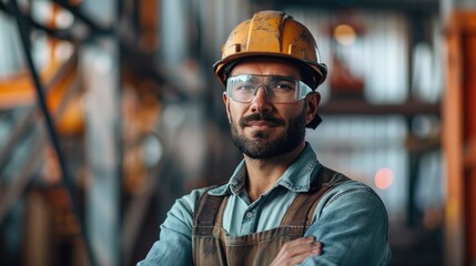 Confident construction worker in hard hat, safety goggles, and overalls at industrial site