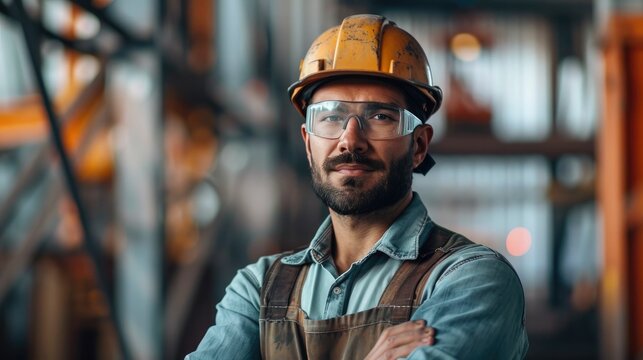Confident construction worker in hard hat, safety goggles, and overalls at industrial site