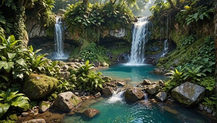 Obraz premium Lush Rainforest Waterfall with Crystal Clear Pool
