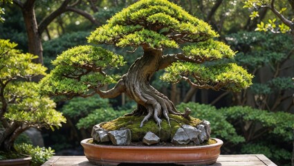 Fototapeta premium bonsai Statue in an Ancient Asian Garden with Tree