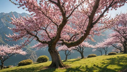 Obraz premium Pink Cherry Blossom Trees on Mountainside
