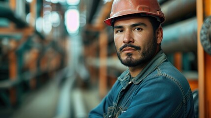 Serious Hispanic man in hard hat posing in industrial setting, intense gaze, confident worker, professional portrait, safety equipment, factory background