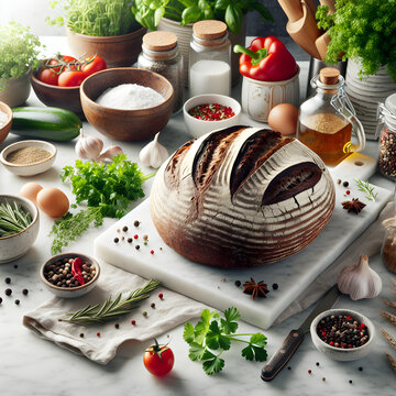 Dark Rye Bread with Fresh Herbs on Marble Counter