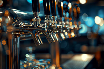 Closeup of beer tap handles lines in a bar against a dark background