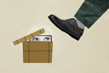 Composite photo collage of male foot wear shoe step open box peek female face eyes fear...