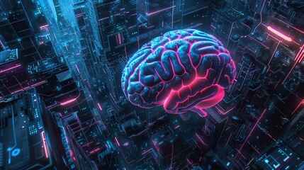Neon cyber brain with intricate circuitry and holographic elements, dark urban backdrop, ultradetailed, vibrant and futuristic