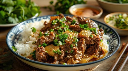 Fried hot pot beef with rice on a plate, a little but if salad and corander. copy space for text.