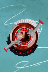 Creative trend collage of hands roulette black jack card chips gambling table poker playing unusual...