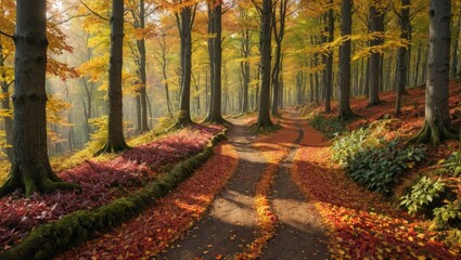 Golden Autumn Path in a Misty Forest
