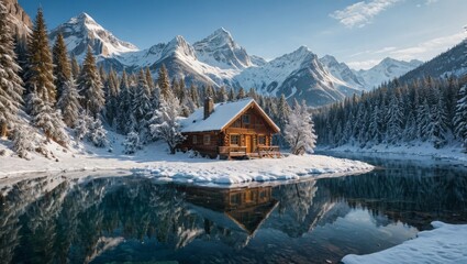 Fototapeta premium Wooden Cabin Reflected in a Frozen Mountain Lake