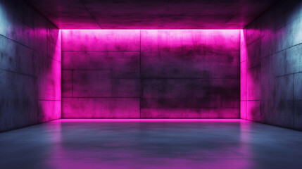 Empty concrete room with vibrant pink neon light accents, creating a futuristic and modern atmosphere. Ideal for backgrounds and design inspirations.