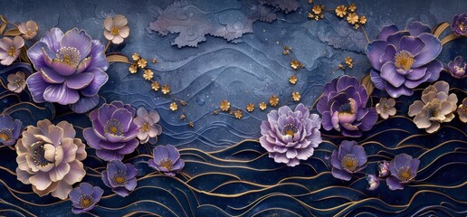 3D background, relief of purple and blue flowers on the wall with gold outlines, ocean waves in relief on a dark blue background for home decoration