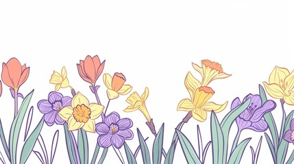 illustration of a minimalist flower border featuring daffodils and crocuses, wallpaper, card, copy space