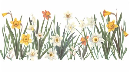 A stylized floral featuring daffodils, other flowers, and foliage in a minimalist  style, wallpaper, card