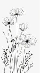 Naklejka premium A minimalist line drawing of four flowers against a white background, wallpaper, card