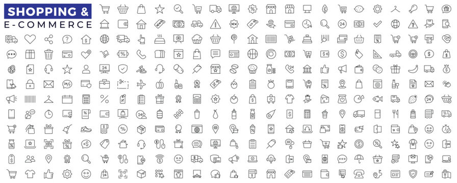 E-commerce icon set. Online shopping and delivery elements. E-business symbol. Solid icons vector collection.
