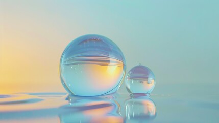 A water droplet merging with another droplet, creating a larger, more perfect sphere of water.