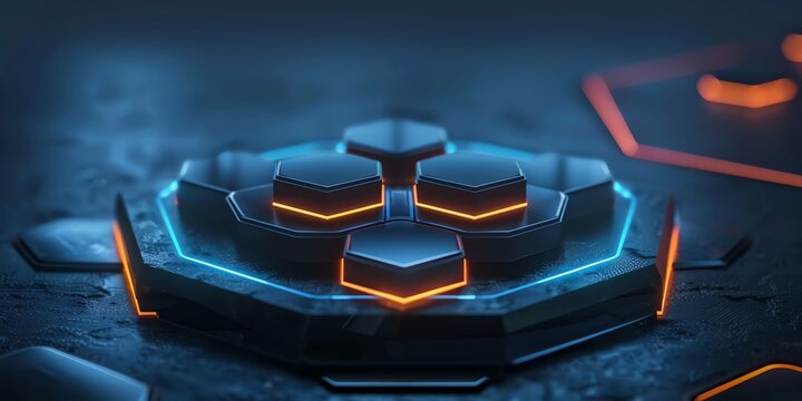 isolated hexagon hollogram platform, chemistry, UI, high tech,aspect ratio 2:1, banner, landing page, website background