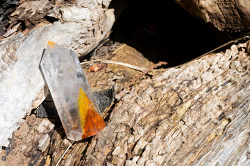 An image of a clear quartz crystal tower with carnelian inclusions on a driftwood log. 