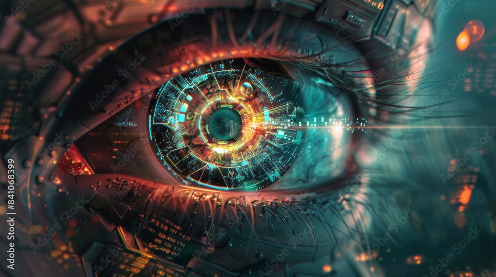 Poster an artistic rendition of a cybernetic eye in the style of cyberpunk, with sharp lines, metallic acce