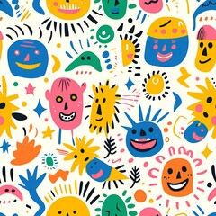 Fototapeta premium An adorable drawing of happy faces, each one expressive and full of life, surrounded by playful shapes and bright colors, showcasing the imaginative and colorful style of a kindergartener. Minimal