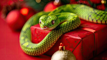 Fototapeta premium Festive Green Snake on Christmas Present with Decorations