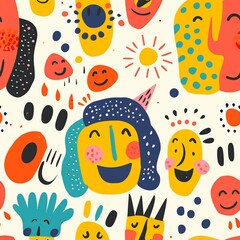 A playful depiction of happy faces, each one unique and full of happiness, surrounded by whimsical shapes and bright colors, capturing the innocent creativity of a kindergartener. Minimal pattern