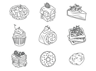 Set of pastry dessert outline vector graphics