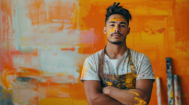 Portrait of a Young Male Artist in Paint-Splattered Apron Against a Vibrant Orange Background