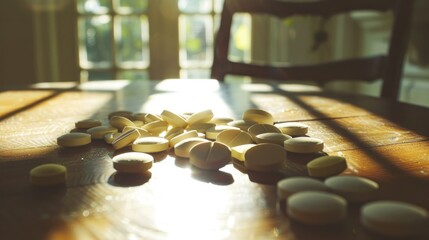 Vitamin tablets are sitting on the table in sunlight