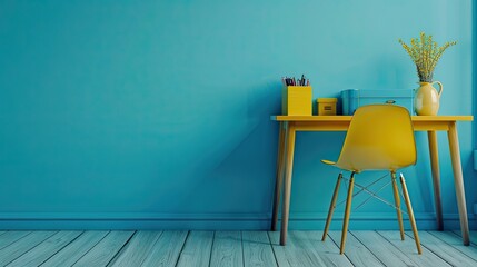 Modern Home Office Setup with Bright Yellow Chair and Accessories Against Teal Wall