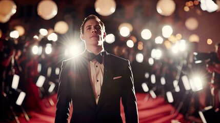 A man in a classic tuxedo stands on the red carpet, cameras flashing, exuding Hollywood glamour.
