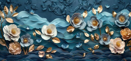 Fototapeta premium 3D floral peonies with gold leaves on a dark blue background, purple and light gray colored flowers for home interior decoration