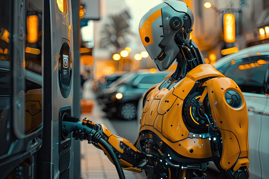 Futuristic Robot Charging Electric Vehicle in Urban Street at Night