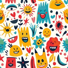 A playful illustration of happy faces, each one expressive and full of life, surrounded by whimsical shapes and bright colors, evoking the joyful spirit of kindergarten creativity. Minimal pattern