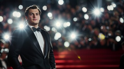 A man in a classic tuxedo stands on the red carpet, exuding timeless Hollywood glamour amid flashing cameras.