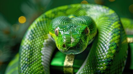 Obraz premium Close-up of Vibrant Green Snake on Leafy Background