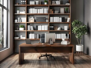 Fototapeta premium Cozy Modern Workspace with Bookshelves and Natural Lighting