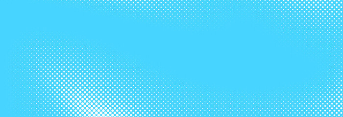 Light blue halftone pattern. Retro comic gradient background. Turquoise pixelated dotted texture overlay. Cartoon pop art faded gradient pattern. Vector backdrop for poster, banner, advertisement