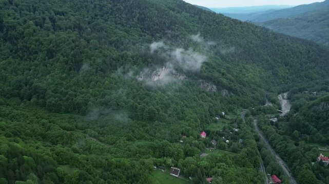 Foggy Mountain Range In Lepsa, Vrancea, Romania - Aerial Drone Shot