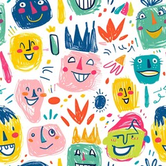 Fototapeta premium A sweet crayon drawing of various happy faces, each with rosy cheeks and wide eyes, surrounded by playful doodles and bright, bold colors, evoking the joyful spirit of kindergarten art. Minimal