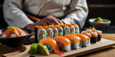 Sushi, salmon, seaweed rice are ready to serve.