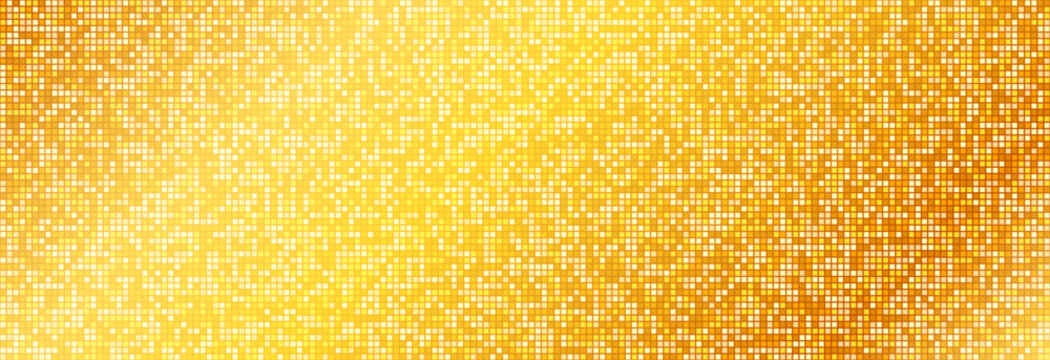 Golden disco party pattern. Yellow square sequin mosaic texture background. Abstract gold shining glitter halftone wallpaper. Sparkling glitter backdrop. Retro vector design template
