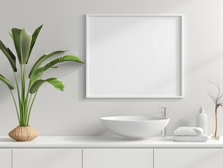 Fototapeta premium Elegant Minimalist Bathroom with Vanity,Sink,and Potted Plant