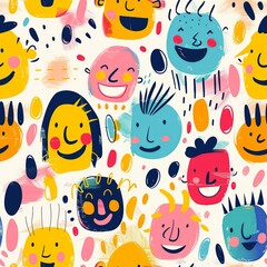A whimsical illustration of a group of happy people, their faces adorned with big, joyful smiles and expressive eyes, drawn in the vibrant and carefree manner of a kindergartener's artwork. Minimal