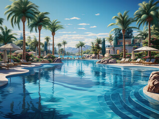 Eyecatching, The shimmering surface of a luxurious swimming pool surrounded by palm trees